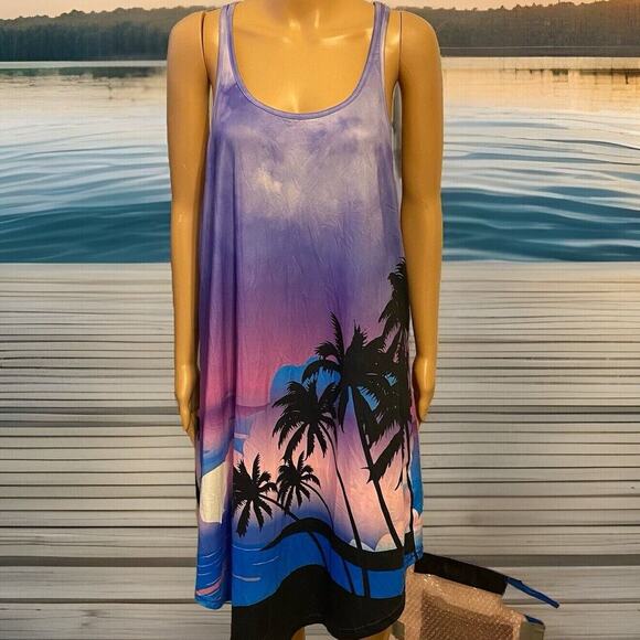 Chicme Tank Dress Women Plus Size 3XL Palm Trees Sunset Coastal Casual Cover Up - Picture 1 of 9